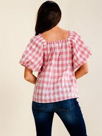 ENTRO WOMEN'S SHORT PUFF SLEEVE SQUARE NECK PLAID BLOUSE