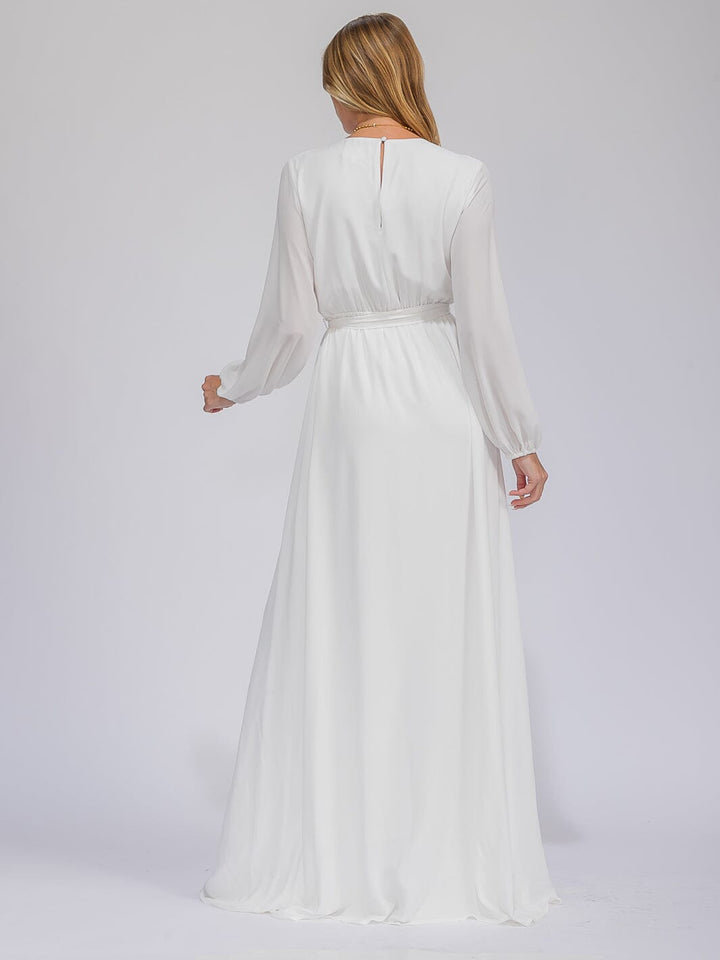 WOMEN'S LONG SLEEVE SURPLICE SELF TIE OPEN BACK MAXI GOWN DRESS