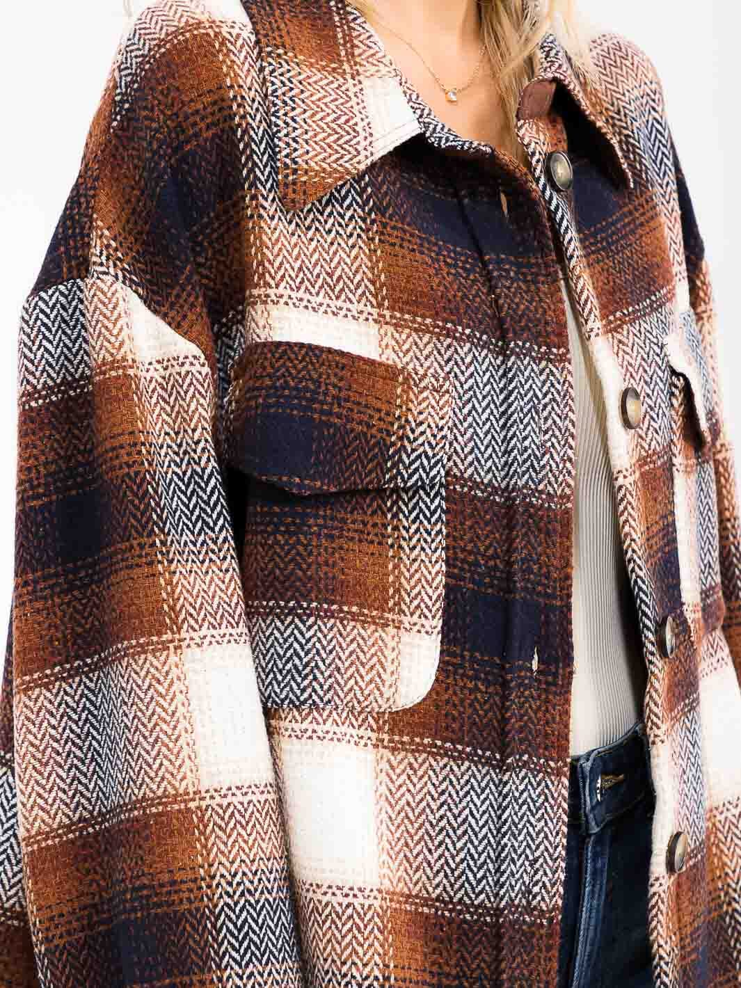 WOMEN'S LONG SLEEVE FRONT POCKETS BUTTON CLOSURE HIGH-LOW PLAID JACKET