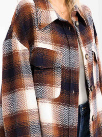 WOMEN'S LONG SLEEVE FRONT POCKETS BUTTON CLOSURE HIGH-LOW PLAID JACKET