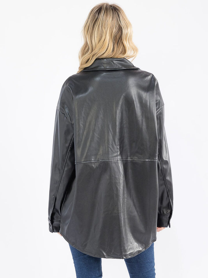 WOMEN'S LONG SLEEVE BUTTON CLOSURE PU PLEATHER SHACKET