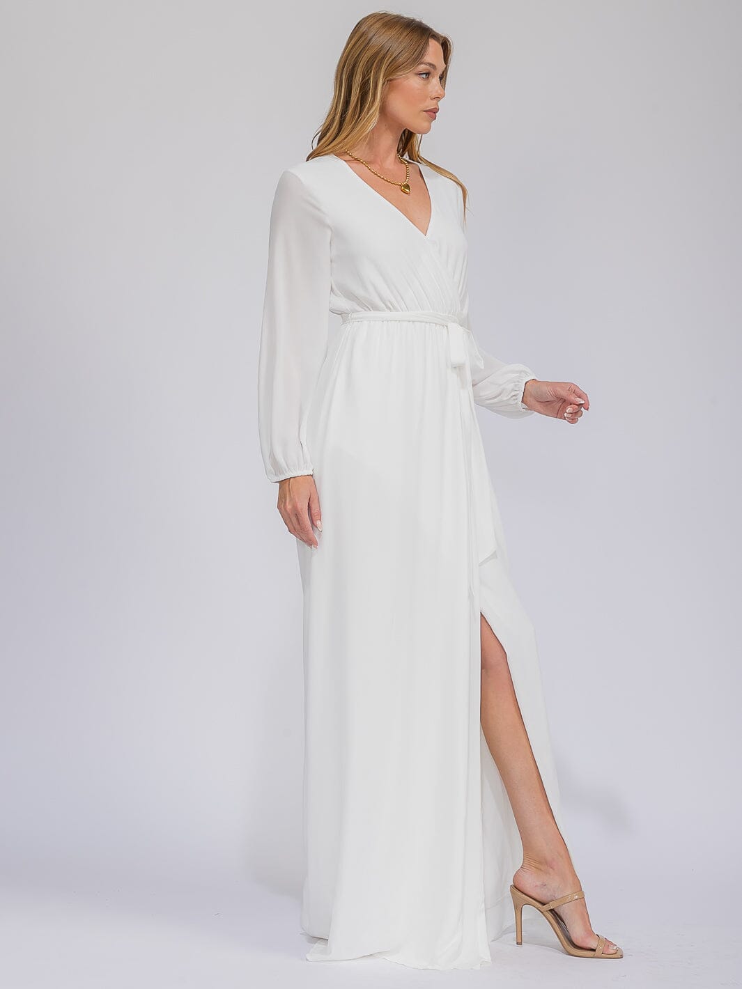 WOMEN'S LONG SLEEVE SURPLICE SELF TIE OPEN BACK MAXI GOWN DRESS