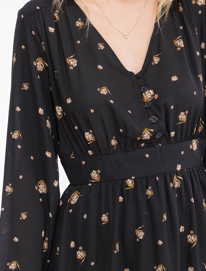 WOMEN'S LONG SLEEVE V-NECK BUTTON UP FLORAL MIDI DRESS