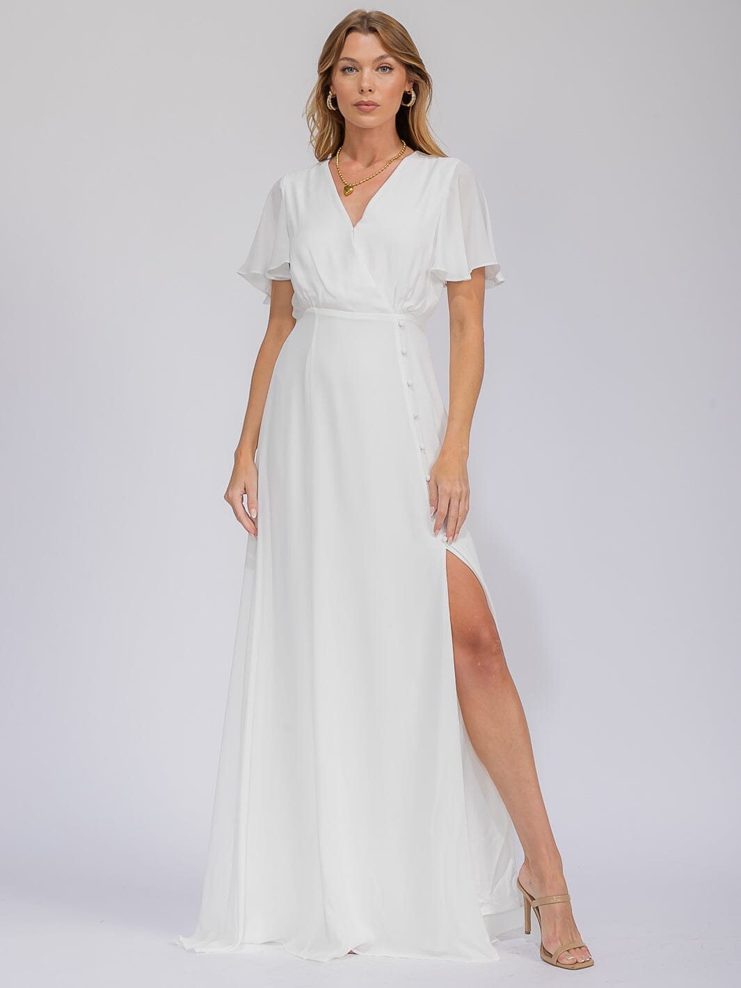 WOMEN'S SHORT SLEEVE SURPLICE FRONT SLIT MAXI GOWN DRESS