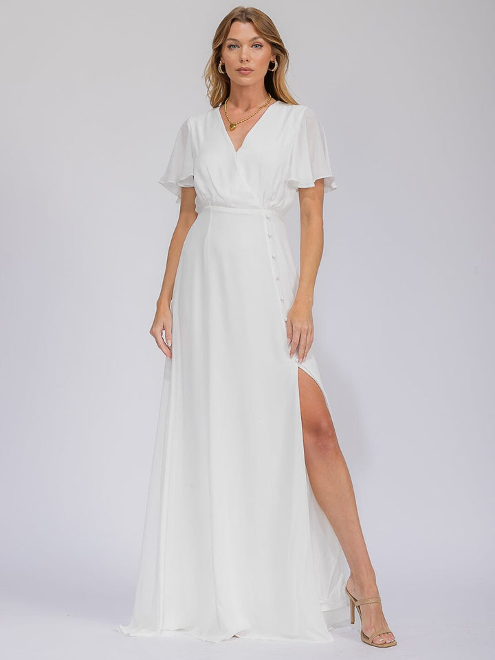 WOMEN'S SHORT SLEEVE SURPLICE FRONT SLIT MAXI GOWN DRESS
