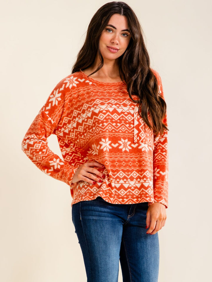 ENTRO WOMEN'S LONG SLEEVE FRONT POCKET MULTI PRINT TOP