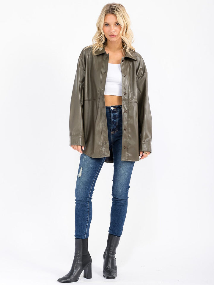 WOMEN'S LONG SLEEVE BUTTON CLOSURE PU PLEATHER SHACKET