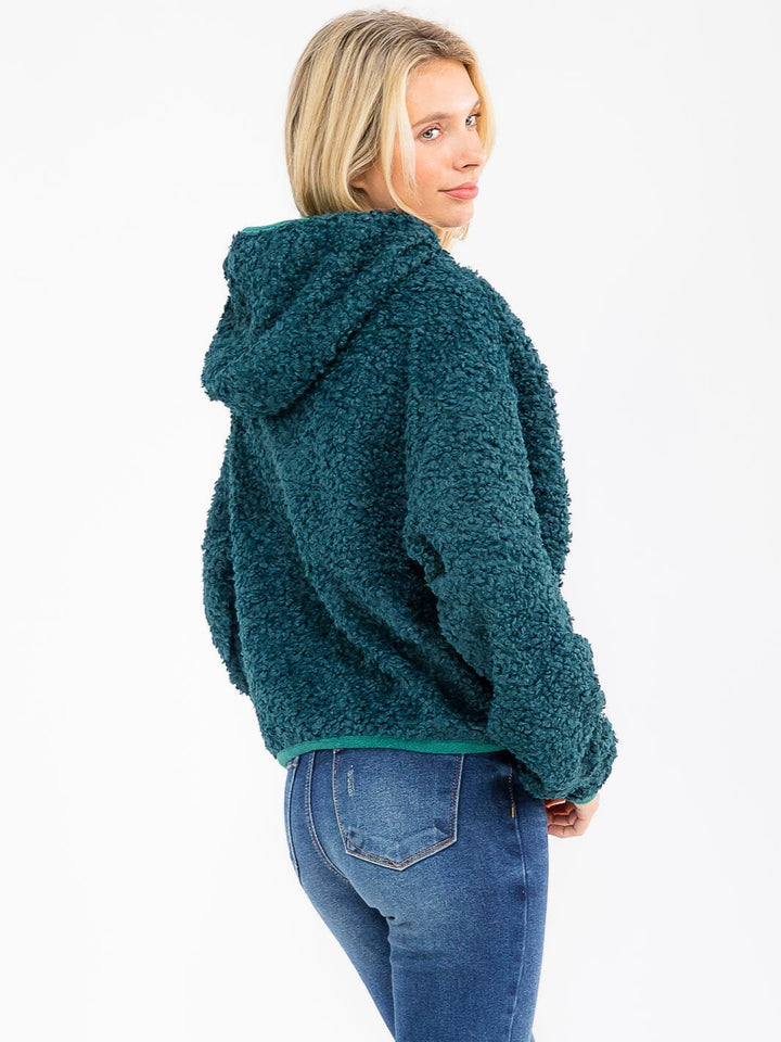 WOMEN'S LONG SLEEVE ZIPPER CLOSURE FRONT POCKETS HOODED SHERPA JACKET