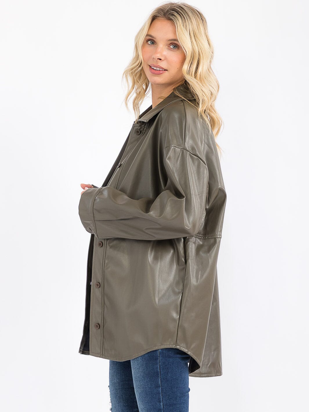 WOMEN'S LONG SLEEVE BUTTON CLOSURE PU PLEATHER SHACKET