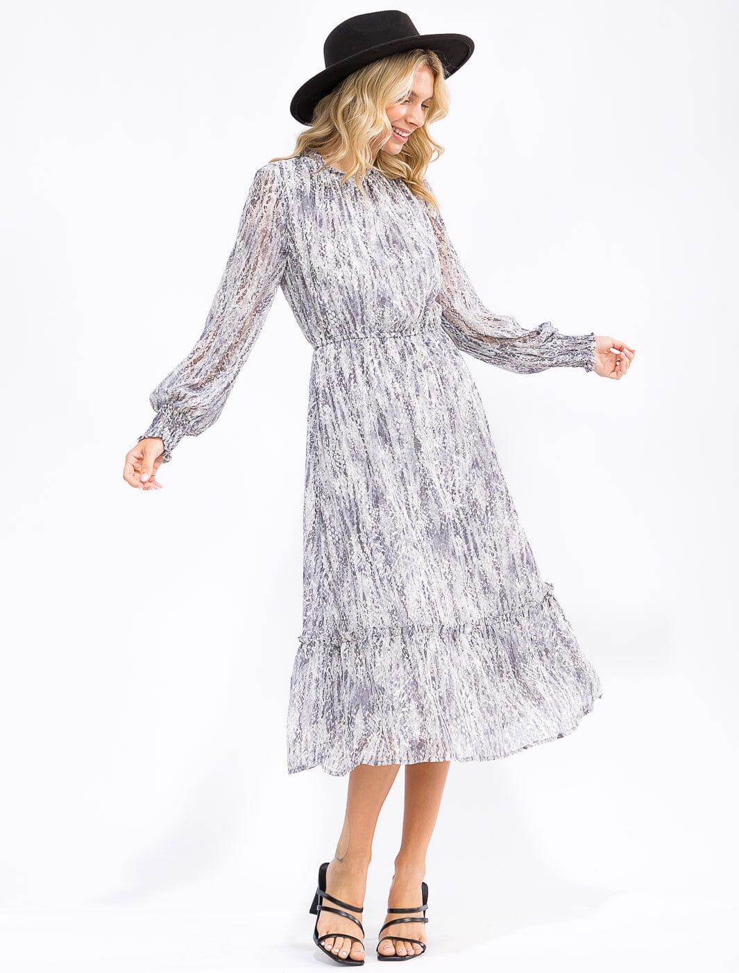 WOMEN'S LONG SLEEVE ELASTIC WAIST SNAKE PRINT MIDI DRESS
