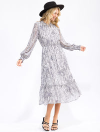 WOMEN'S LONG SLEEVE ELASTIC WAIST SNAKE PRINT MIDI DRESS