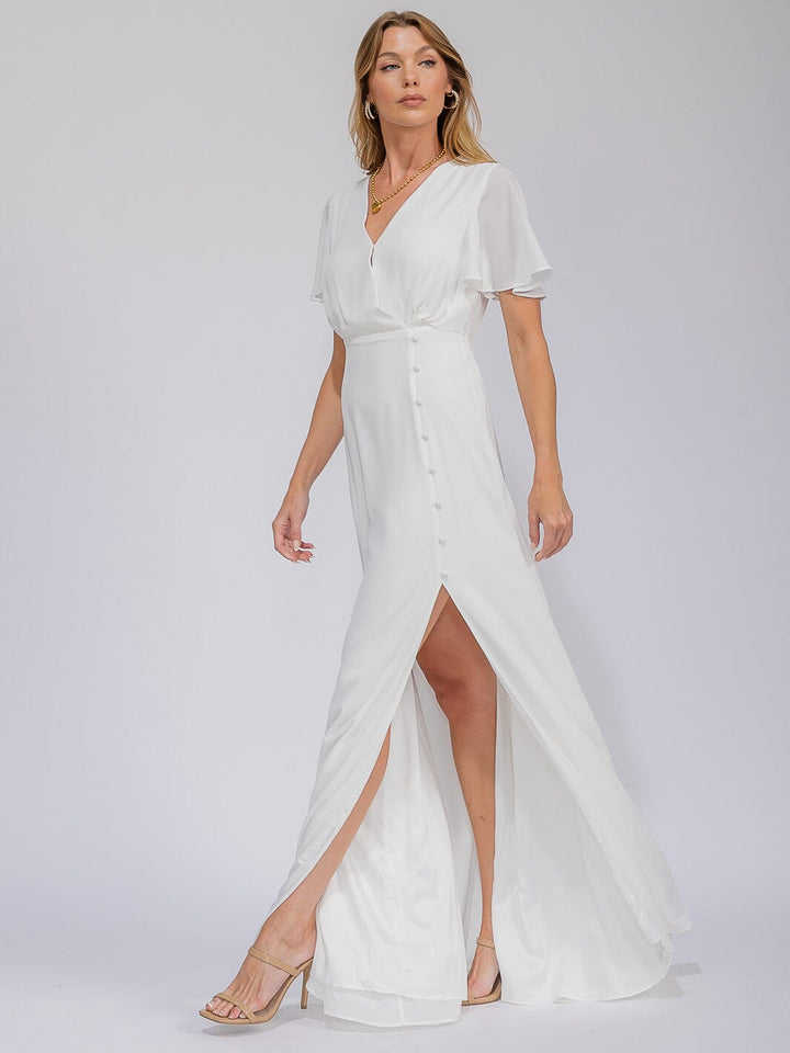 WOMEN'S SHORT SLEEVE SURPLICE FRONT SLIT MAXI GOWN DRESS