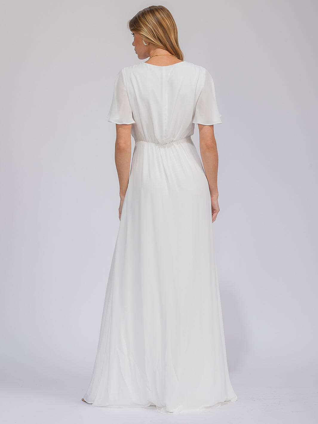 WOMEN'S SHORT SLEEVE SURPLICE FRONT SLIT MAXI GOWN DRESS