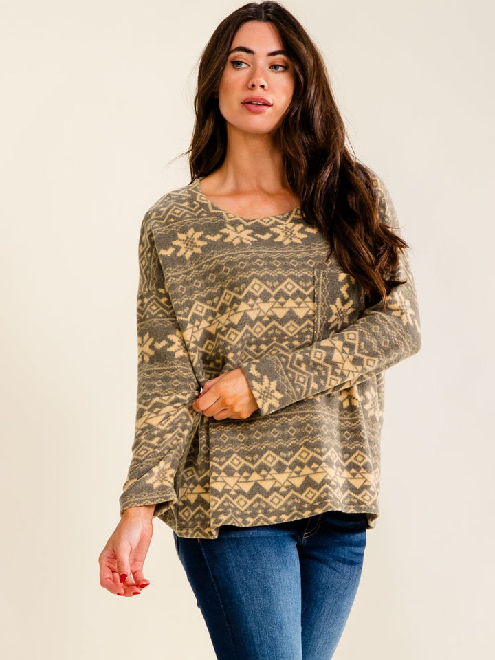 ENTRO WOMEN'S LONG SLEEVE FRONT POCKET MULTI PRINT TOP
