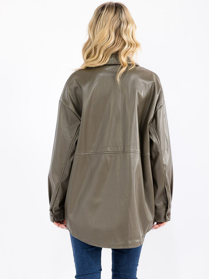 WOMEN'S LONG SLEEVE BUTTON CLOSURE PU PLEATHER SHACKET