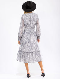 WOMEN'S LONG SLEEVE ELASTIC WAIST SNAKE PRINT MIDI DRESS
