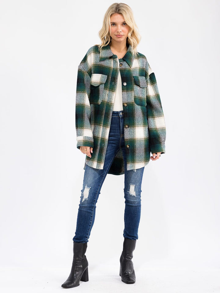 WOMEN'S LONG SLEEVE FRONT POCKETS BUTTON CLOSURE HIGH-LOW PLAID JACKET