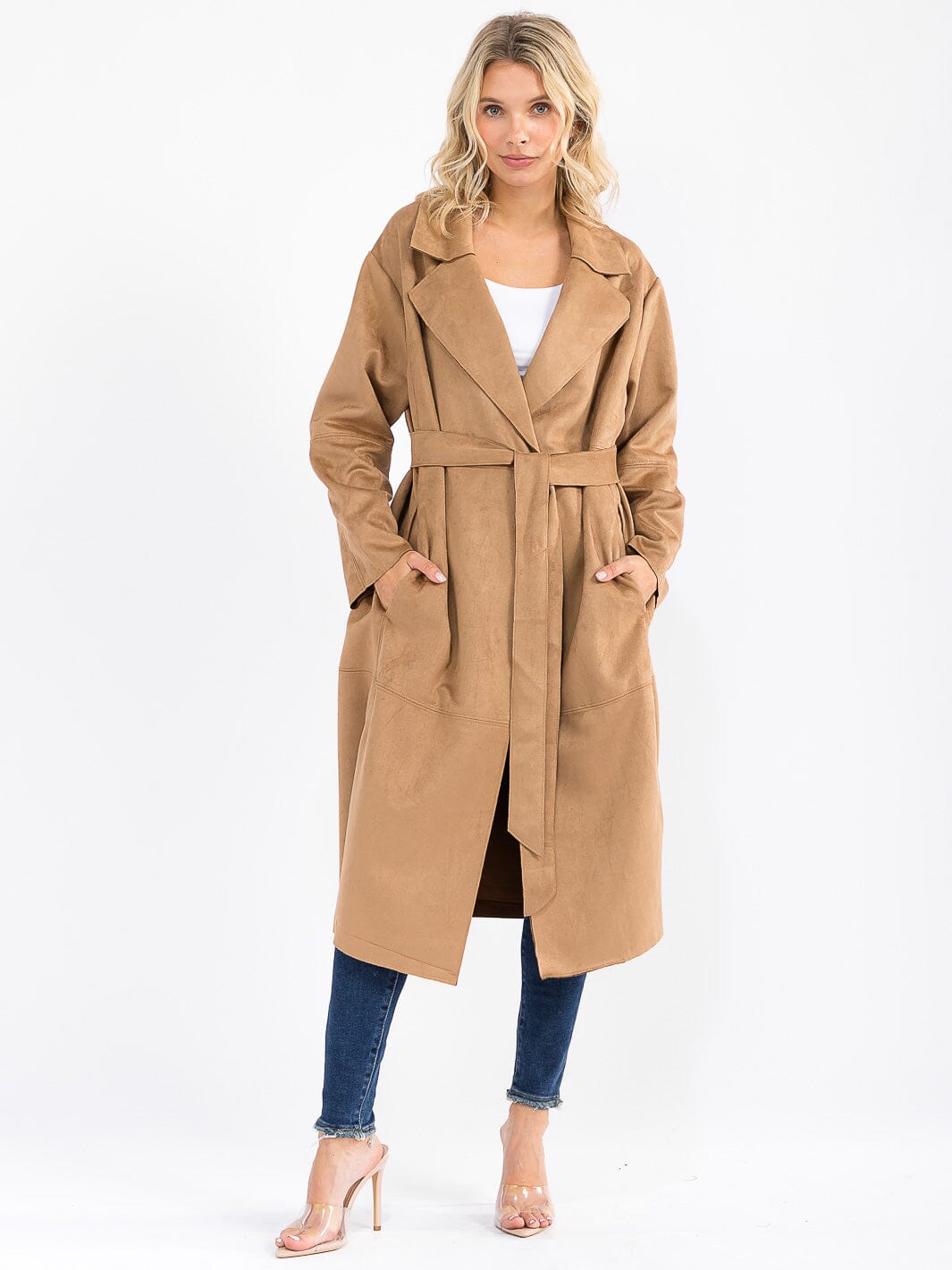 WOMEN'S LONG SLEEVE OPEN FRONT SELF TIE POCKETS SUADE COAT