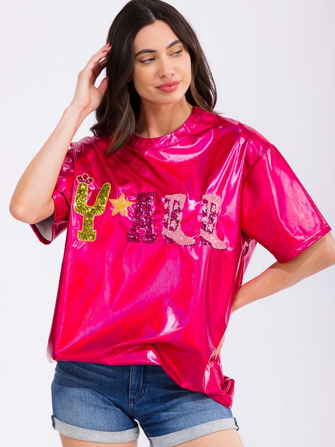 WOMEN'S SHORT SLEEVE METALLIC GRAPHIC TOP