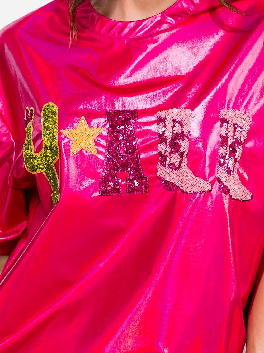 WOMEN'S SHORT SLEEVE METALLIC GRAPHIC TOP