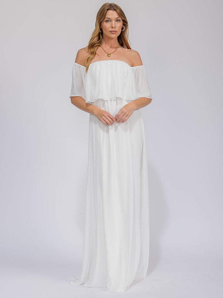 WOMEN'S SHORT SLEEVE OFF SHOULDER ELASTIC WAIST MAXI GOWN DRESS