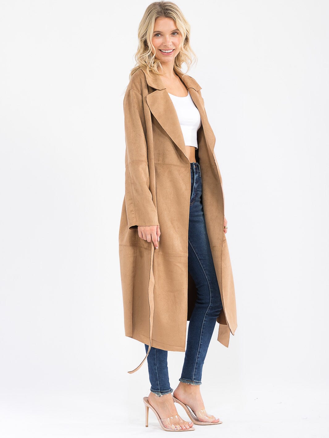 WOMEN'S LONG SLEEVE OPEN FRONT SELF TIE POCKETS SUADE COAT