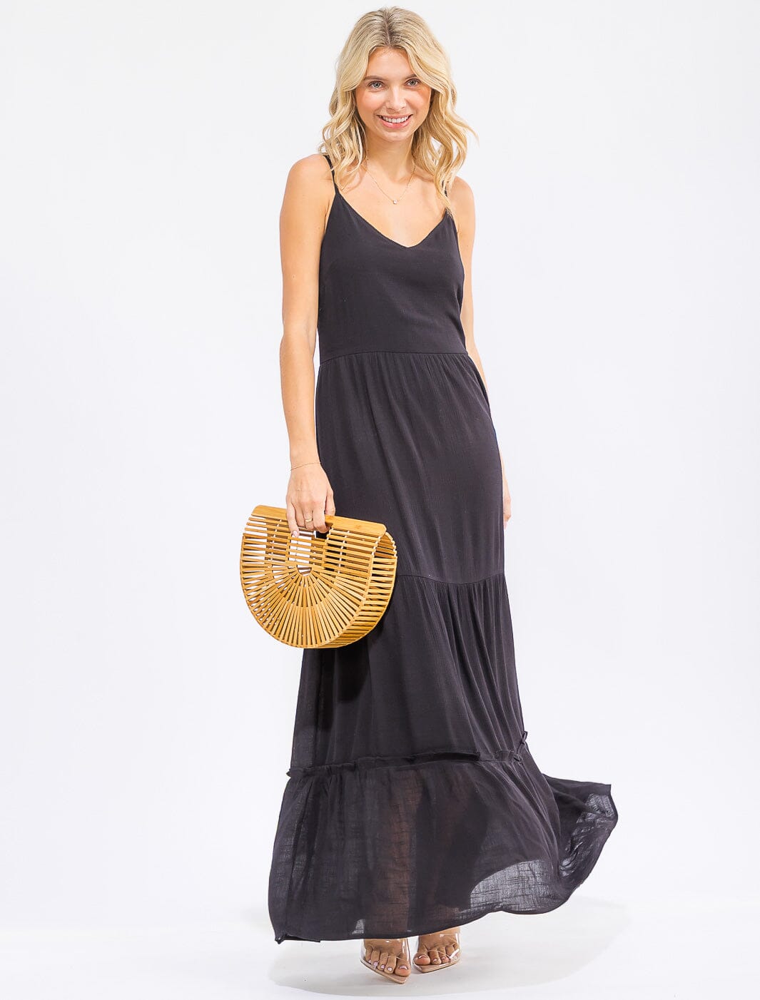 WOMEN'S SLEEVELESS V-NECK TIERED MAXI DRESS