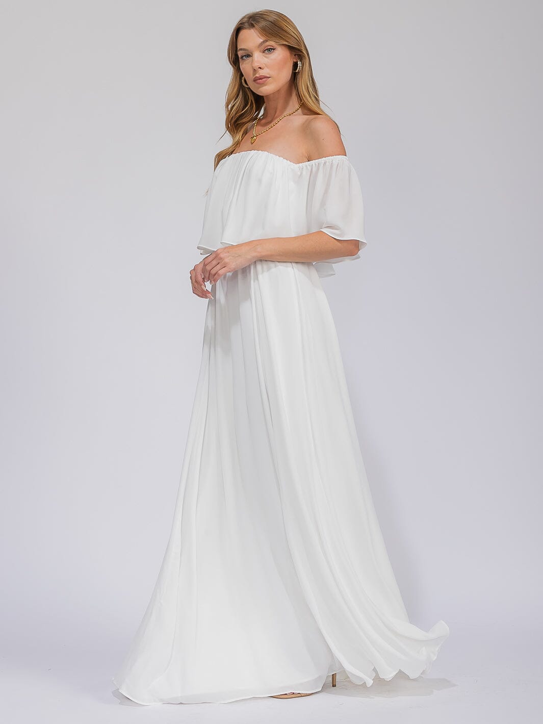 WOMEN'S SHORT SLEEVE OFF SHOULDER ELASTIC WAIST MAXI GOWN DRESS