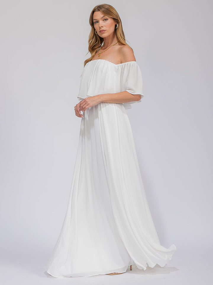 WOMEN'S SHORT SLEEVE OFF SHOULDER ELASTIC WAIST MAXI GOWN DRESS