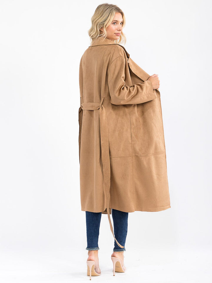 WOMEN'S LONG SLEEVE OPEN FRONT SELF TIE POCKETS SUADE COAT