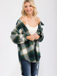 WOMEN'S LONG SLEEVE FRONT POCKETS BUTTON CLOSURE HIGH-LOW PLAID JACKET