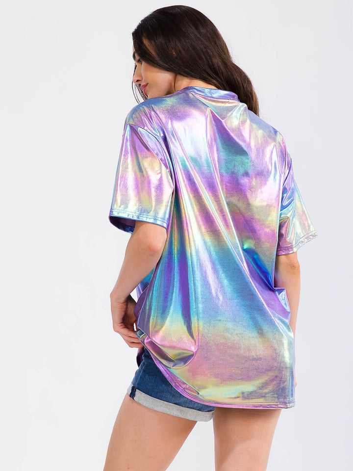 WOMEN'S SHORT SLEEVE METALLIC TIE DYE GRAPHIC TOP