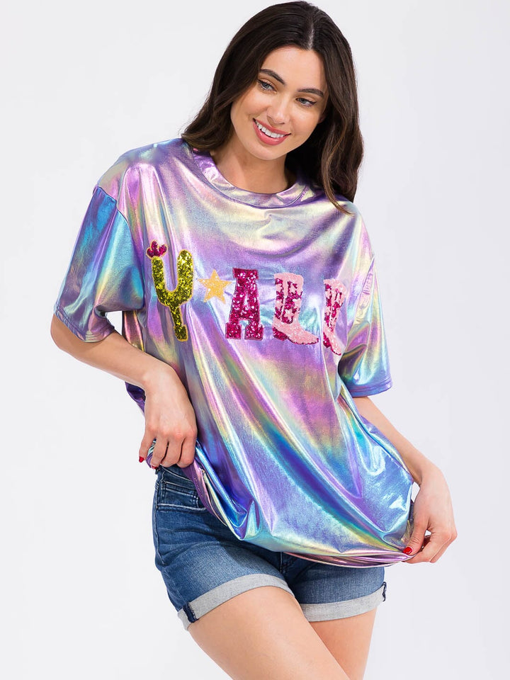 WOMEN'S SHORT SLEEVE METALLIC TIE DYE GRAPHIC TOP