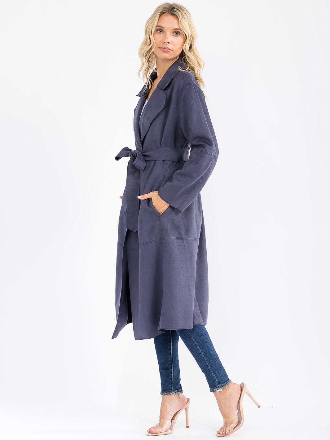 WOMEN'S LONG SLEEVE OPEN FRONT SELF TIE POCKETS SUADE COAT