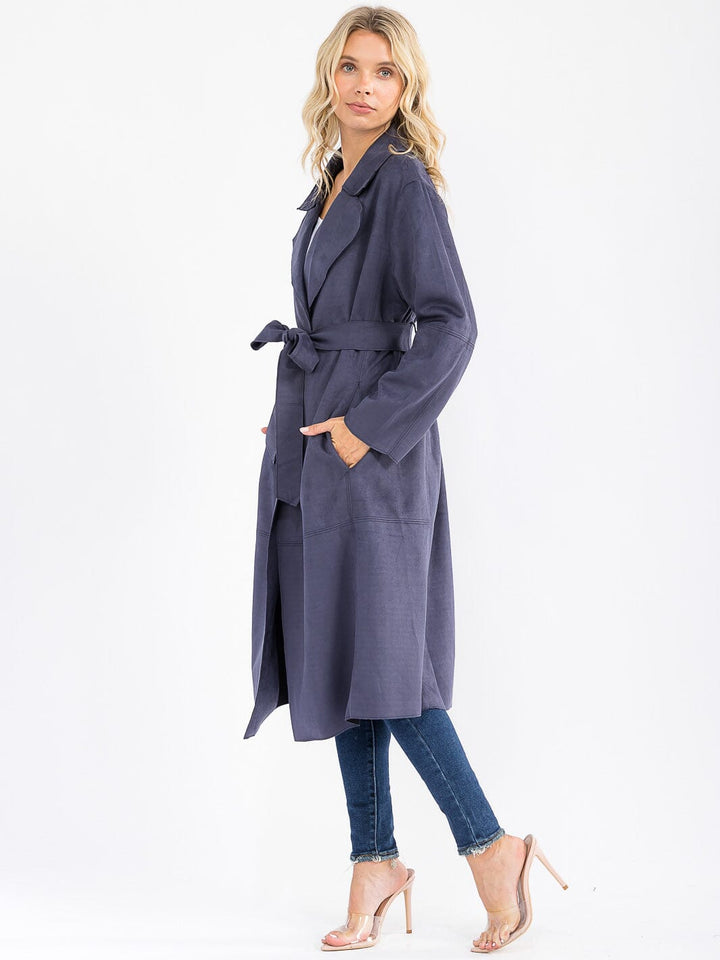 WOMEN'S LONG SLEEVE OPEN FRONT SELF TIE POCKETS SUADE COAT
