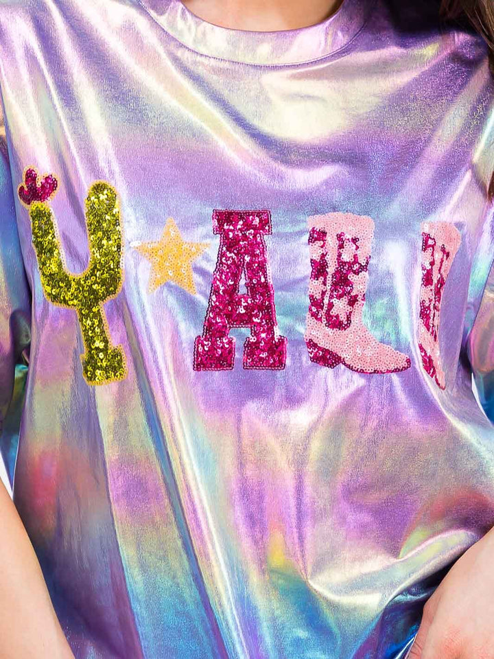 WOMEN'S SHORT SLEEVE METALLIC TIE DYE GRAPHIC TOP