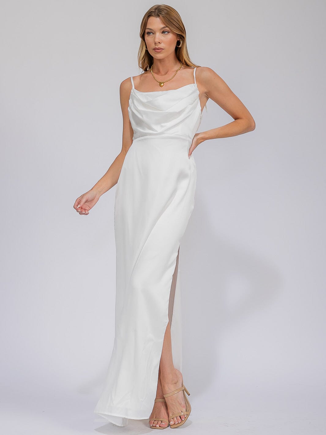 WOMEN'S SLEEVELESS COWL NECK SIDE SLIT MAXI GOWN DRESS