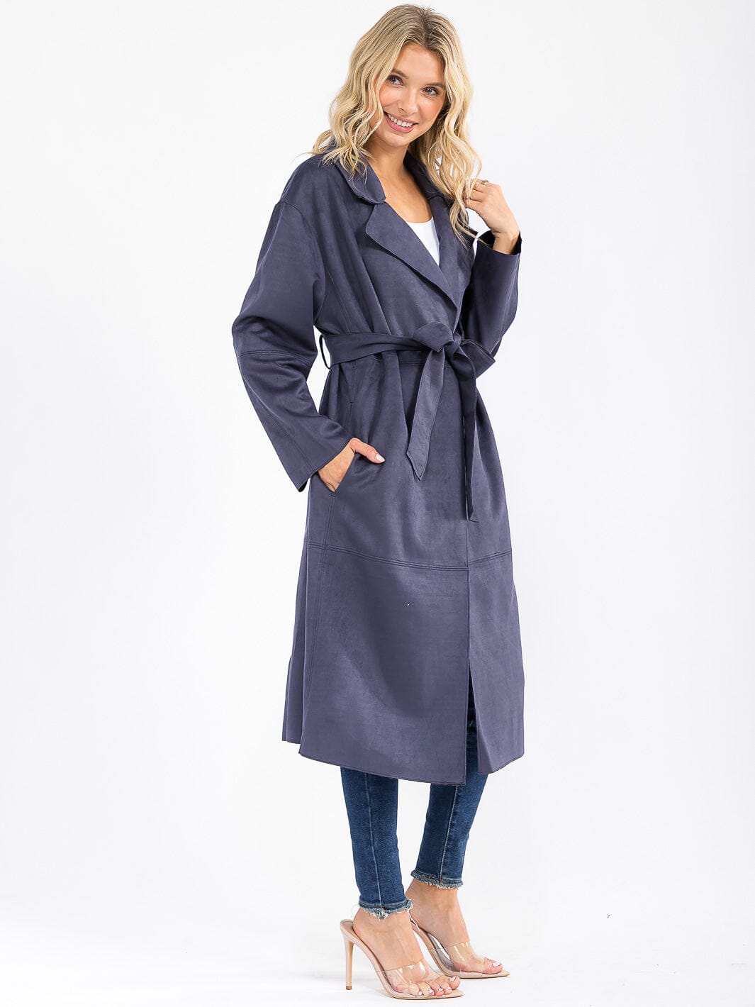 WOMEN'S LONG SLEEVE OPEN FRONT SELF TIE POCKETS SUADE COAT