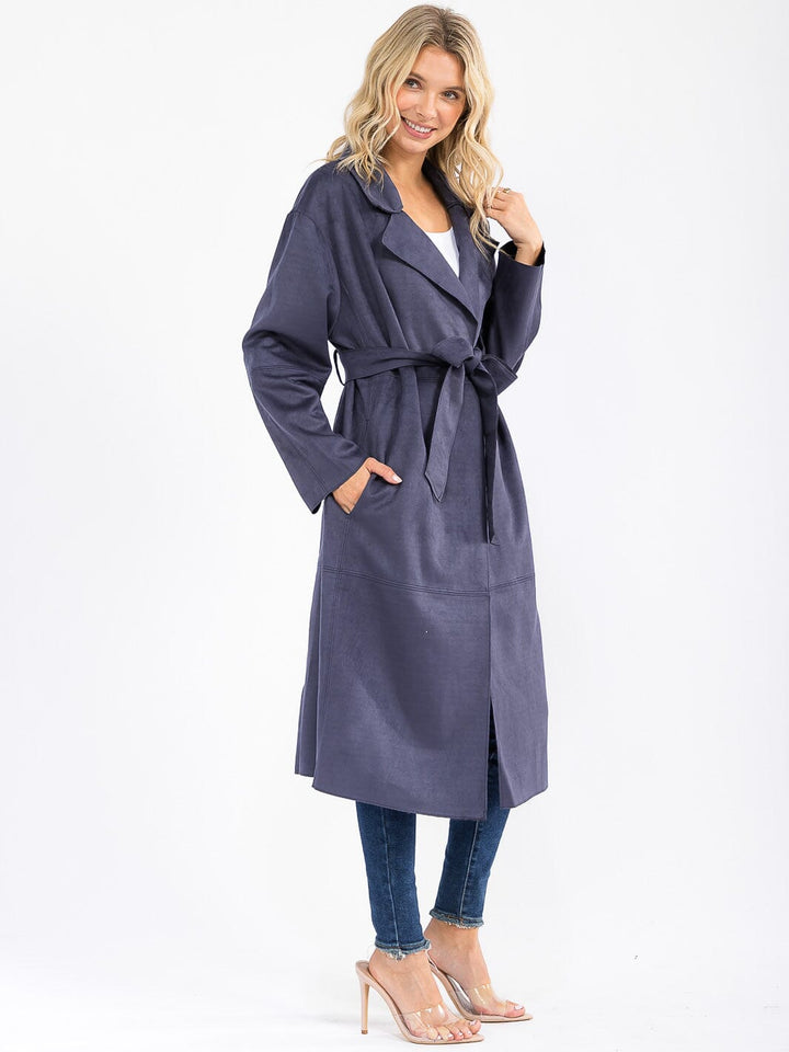 WOMEN'S LONG SLEEVE OPEN FRONT SELF TIE POCKETS SUADE COAT