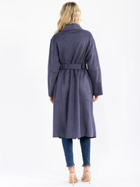 WOMEN'S LONG SLEEVE OPEN FRONT SELF TIE POCKETS SUADE COAT