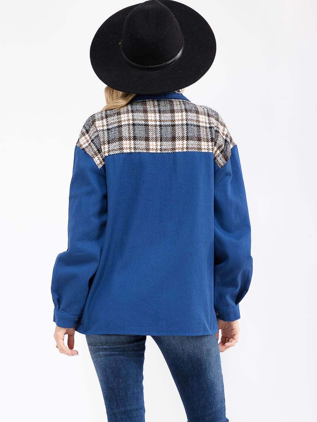 WOMEN'S LONG SLEEVE FRONT POCKETS BUTTON CLOSURE PLAID DENIM JACKET