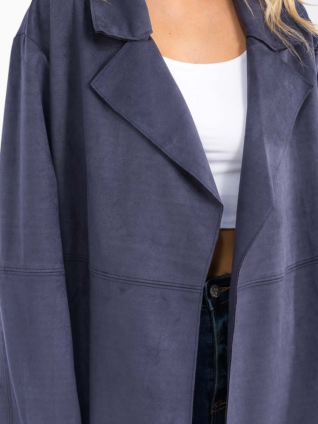 WOMEN'S LONG SLEEVE OPEN FRONT SELF TIE POCKETS SUADE COAT