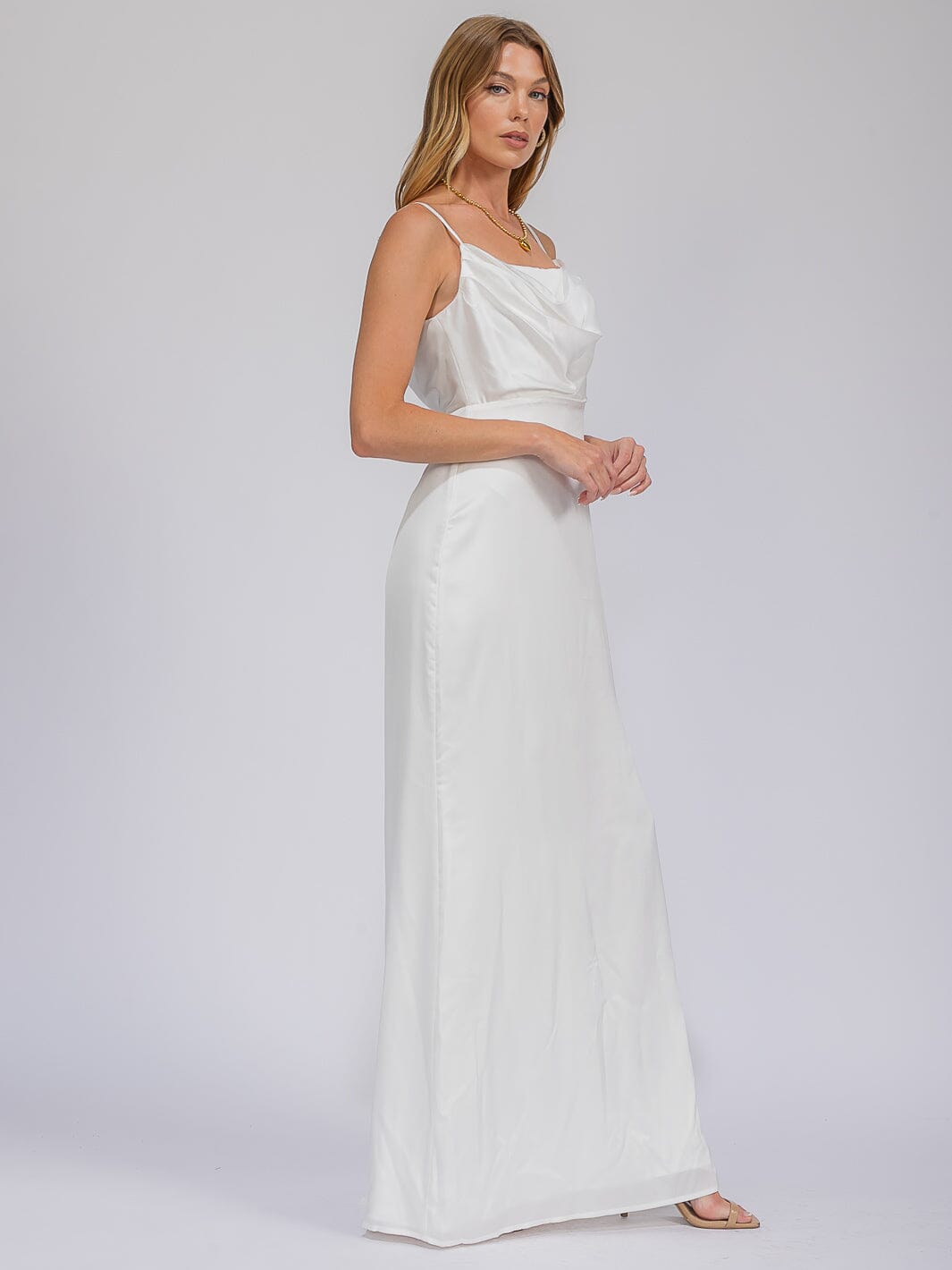 WOMEN'S SLEEVELESS COWL NECK SIDE SLIT MAXI GOWN DRESS