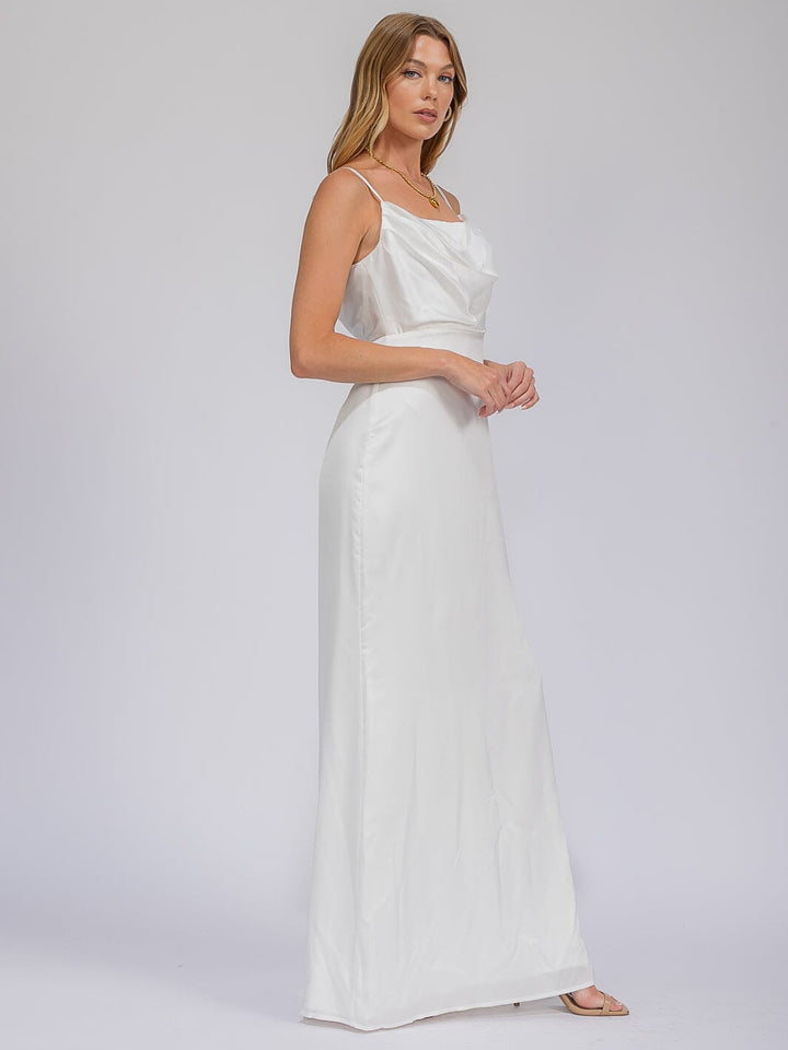 WOMEN'S SLEEVELESS COWL NECK SIDE SLIT MAXI GOWN DRESS