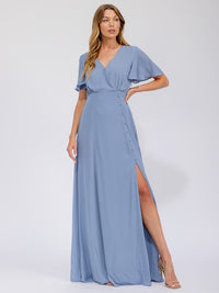 WOMEN'S SHORT SLEEVE SURPLICE FRONT SLIT MAXI GOWN DRESS