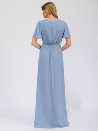 WOMEN'S SHORT SLEEVE SURPLICE FRONT SLIT MAXI GOWN DRESS