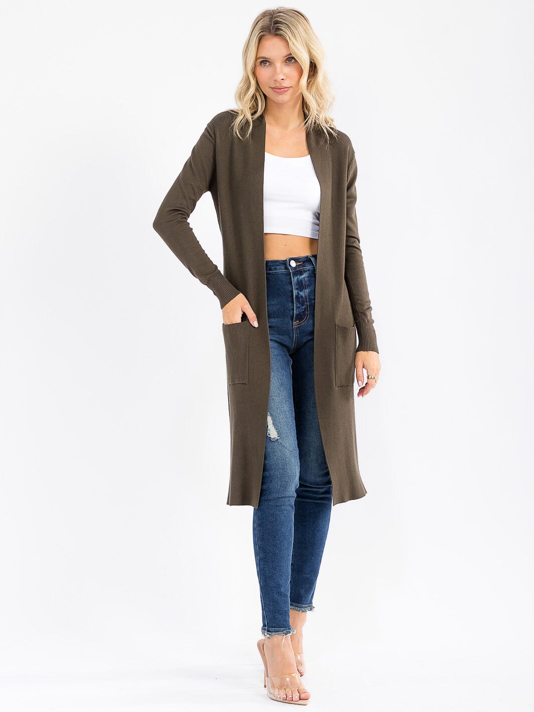 WOMEN'S LONG SLEEVE OPEN FRONT POCKETS CARDIGAN