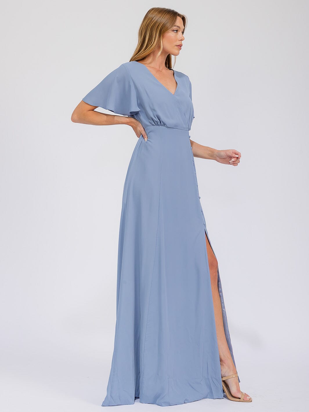 WOMEN'S SHORT SLEEVE SURPLICE FRONT SLIT MAXI GOWN DRESS