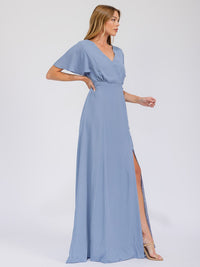 WOMEN'S SHORT SLEEVE SURPLICE FRONT SLIT MAXI GOWN DRESS