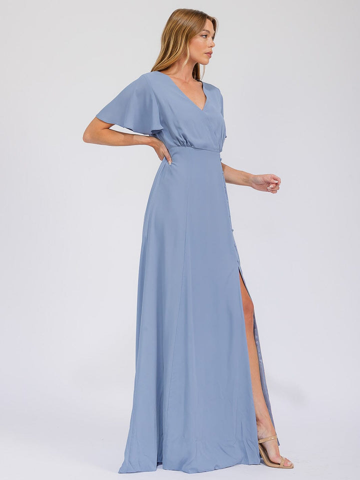 WOMEN'S SHORT SLEEVE SURPLICE FRONT SLIT MAXI GOWN DRESS